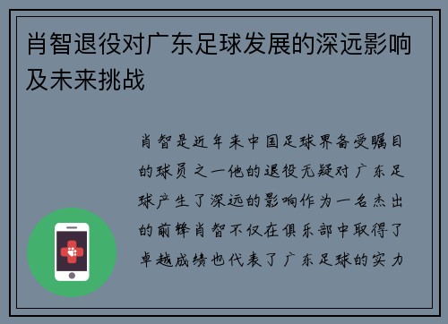 肖智退役对广东足球发展的深远影响及未来挑战 肖智退役对广东足球发展的深远影响及未来挑战