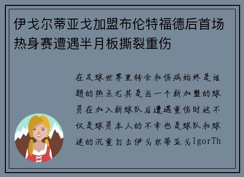 伊戈尔蒂亚戈加盟布伦特福德后首场热身赛遭遇半月板撕裂重伤 伊戈尔蒂亚戈加盟布伦特福德后首场热身赛遭遇半月板撕裂重伤
