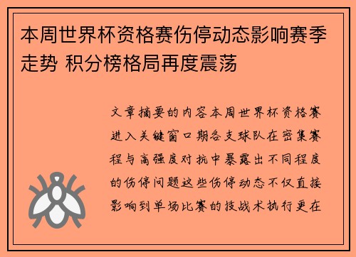本周世界杯资格赛伤停动态影响赛季走势 积分榜格局再度震荡