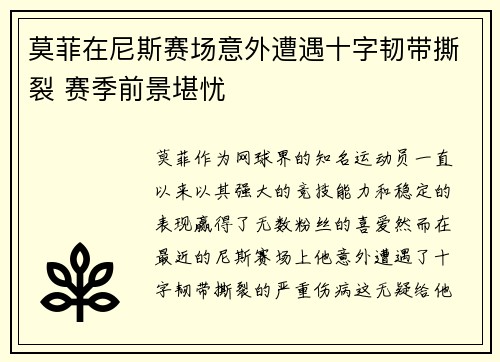 莫菲在尼斯赛场意外遭遇十字韧带撕裂 赛季前景堪忧
